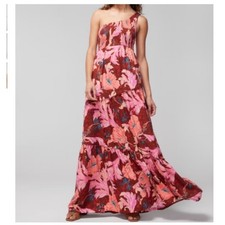 Soma WKND One Shoulder Maxi Dress Womens XL Brown Pink Floral Smocked Tiered