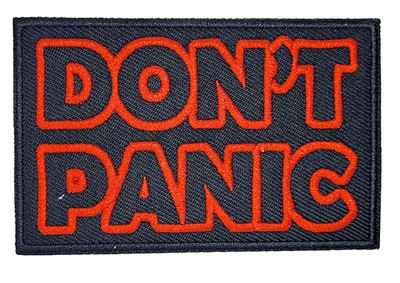 DON'T PANIC patch Iron on hitchhiker's guide RARE COLOR  SCHEME! RED BLACK