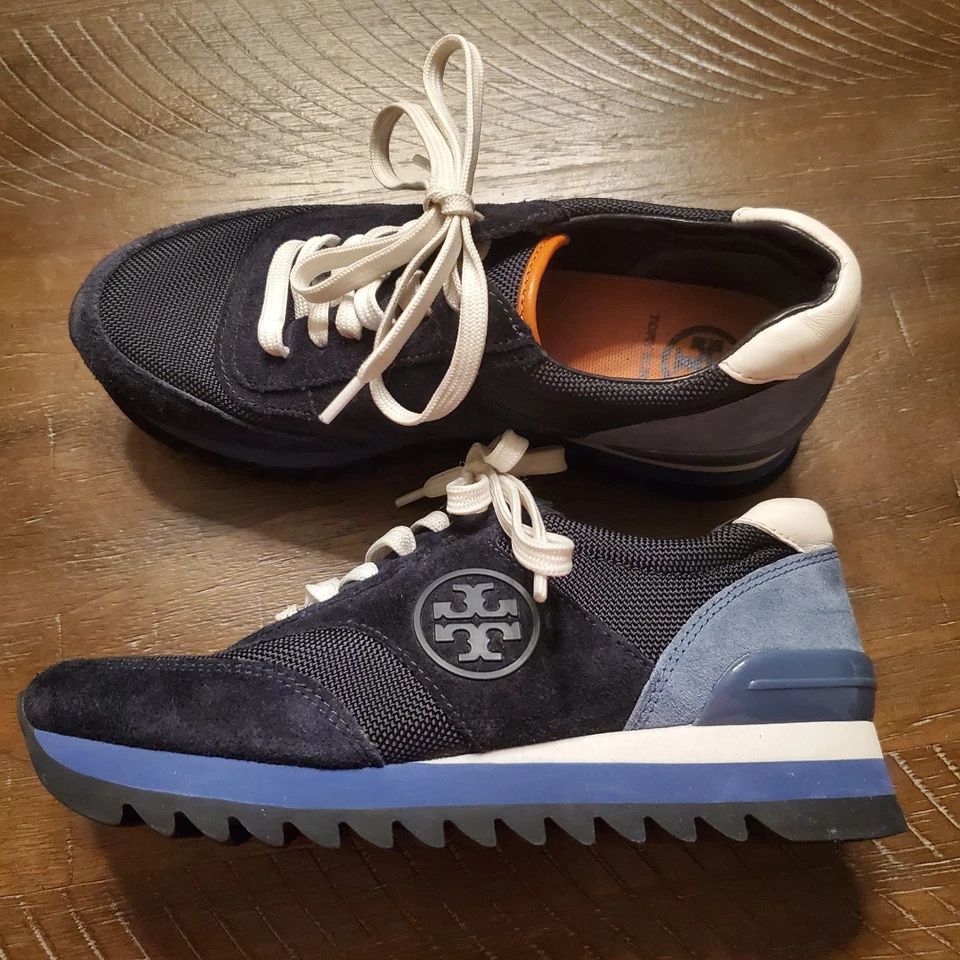 Tory Burch Women's  Navy Blue Suede Nylon Sneakers with Logo Retro Trainer Sz 5 - Image 3 of 4