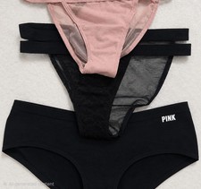 Victoria's Secret PINK Sheer Mesh Thong Panties Solid 3 Pack XS Black Pink