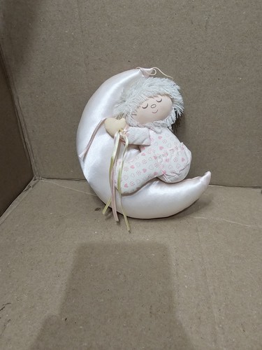 Vintage 1980s RUSS Soft Sculpture Girl Pink Pajamas Hugging Satin Moon Decor