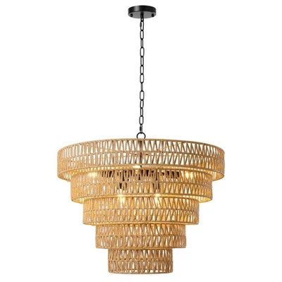 LamQee 25.6" 8-Light 5-Tier Gold Hand-Woven Rattan Chandelier w/Open Weave Shade
