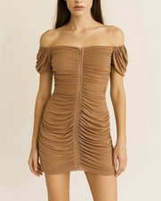 Bodycon Mini Dress Beige Tan Stretch Evening Party holiday sz L