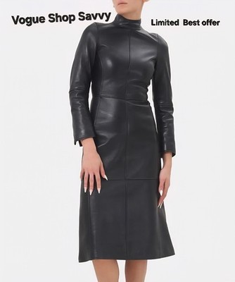 Women's Leather Midi Dress | High Collar Long Sleeve Gift for her Custom Made