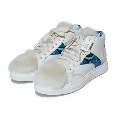 New in Box COACH High Tops With Real Sheep Fur Size 7 EU37 White/Blue Floral