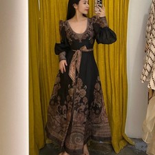 ZIMMERMANN Summer Black Retro Floral U Neck Puff Sleeve A Line Midi Dress