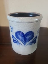Rowe Pottery Salt Glazed Open Crock Blue Heart Design 1993