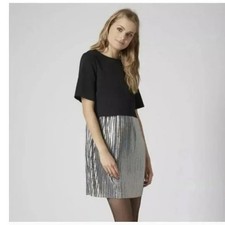 TOPSHOP Women's Black Silver Metallic Pleated Short Sleeve Overlay Dress Size 2
