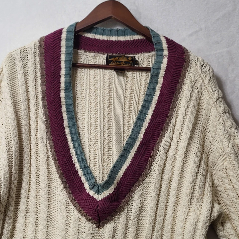 Vintage Eddie Bauer Sweater Mens Large Cable Knit V Neck Tennis Pullover 90s - Image 2 of 4