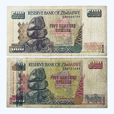 ZIMBABWE (RHODESIA) OLD 500 BANKNOTES x 2 ZIMBABWEAN DOLLARS 2001 AFRICA DOLLAR
