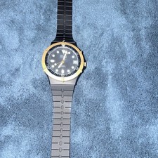 Gruen Precision Diver Wristwatch Quartz Black Dial Date Gold Black Band 3 ATM