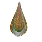 Vtg Murano Style Teardrop Glass Paperweight HandBlown Gold Green 10.5 Inch Tall