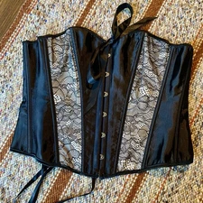 Black Satin Corset with Lace Trim, Boning & Lace Up Ribbon Back