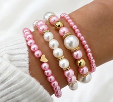 Bracelet Elegant 4 Piece Faux PINK Pearl Stretch Set Great Gift 2