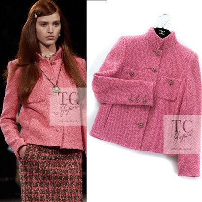 CHANEL 22A Pink Wool 100% Tweed Stand Mandarine Collar Jacket 34 36 US2
