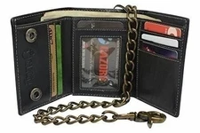 RFID Blocking Men's Tri-fold Vintage Biker Vintage Buffalo Leather Steel Chain W