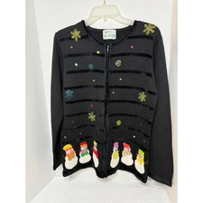 The Quacker Factory Christmas Cardigan Snowman Embellished Holiday Sweater Small