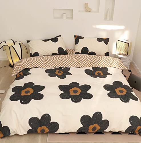 Black and White Floral Comforter Set for Queen Bed 90x90 Inches-image