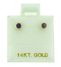 14K Solid Yellow Gold Purple Round CZ Bezel Set Stud Earrings Screw Back 3.3 mm