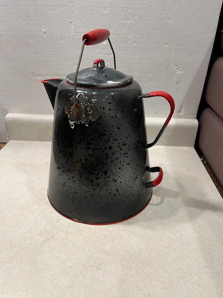 VINTAGE GREY BLACK SPECKLED COWBOY CAMPFIRE COFFEE POT W RED Enamelware