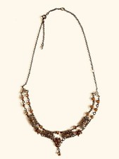 PRETTY VTG VICTORIAN BRONZE TONE GOLD RHINESTONE DANGLE NECKLACE