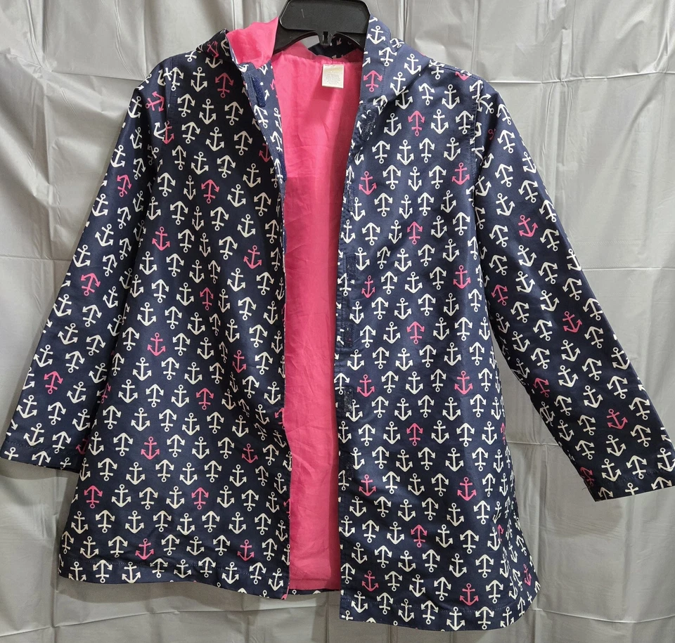 Casaco de chuva feminino Gymboree âncora com capuz azul/branco/rosa tamanho grande 10-12 - Imagem 2 de 4