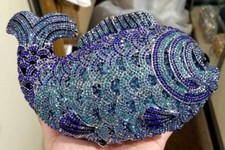 New Silver With Royal Blue  Aqua Austrian Crystal Fish Hard Shell Clutch Bag