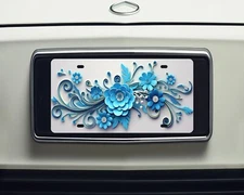Blue Flower Swirl Aluminum Front License Plate Car Accessory Vanity Plate Tag