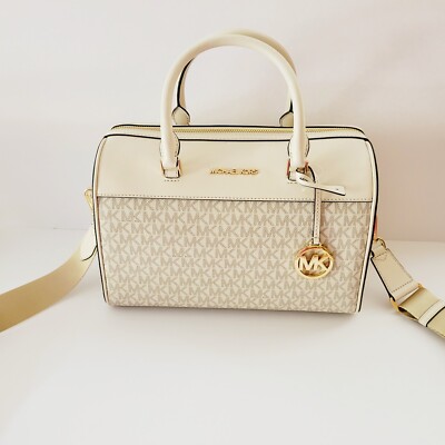Michael Kors Travel Medium Duffle Satchel MK Logo Handbag Light Cream Multi