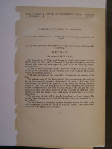 Rapport du gouvernement 1878 Adaline M Shouse veuve de Samuel Shouse impôt remis - Photo 1 sur 1