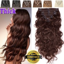 Wavy Brwon Double Weft Clip In Remy 100 Human Hair Extensions Thick Full Head