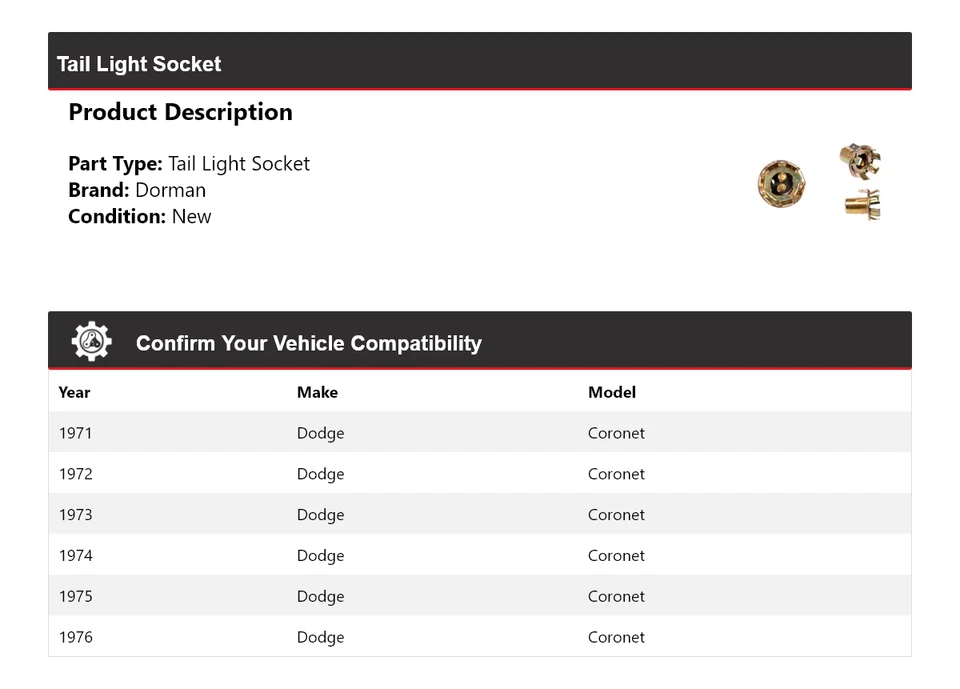 Enchufe de luz trasera para Dodge Coronet Dorman 1971-1976 1972 1973 1974 1975 Foto 2 de 4
