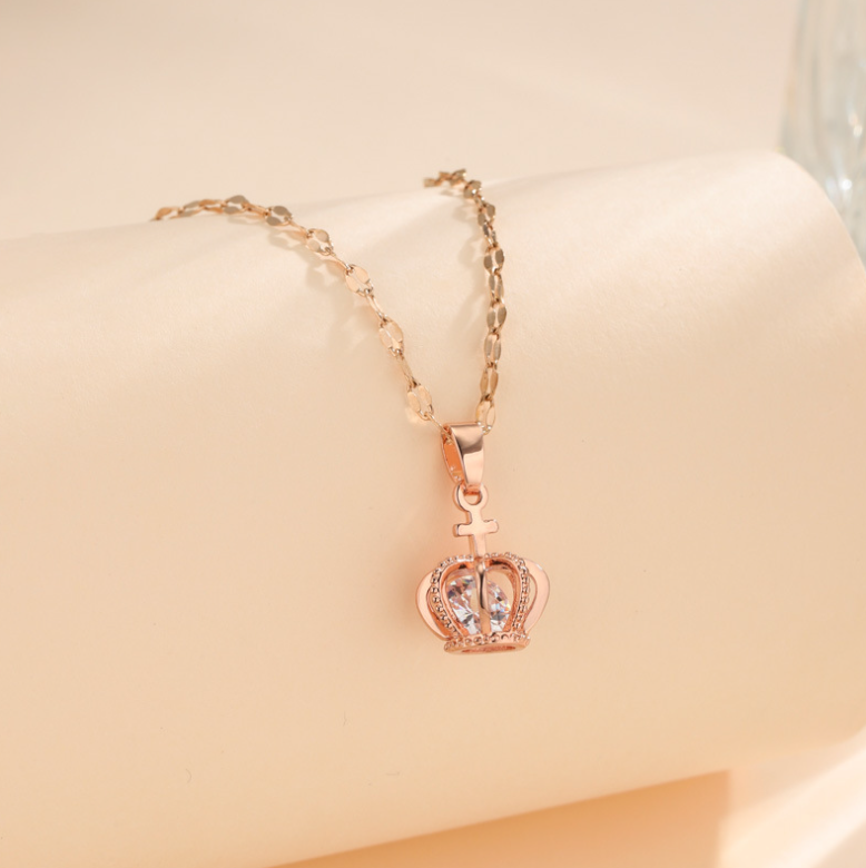 Titanium Tiny Rose Gold Royal Crown Pave Cubic Zirconia Pendant