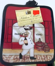 Set of 2 Printed Jumbo Pot Holders,7"x8",FAT CHEF PANE VINO with black back,BH