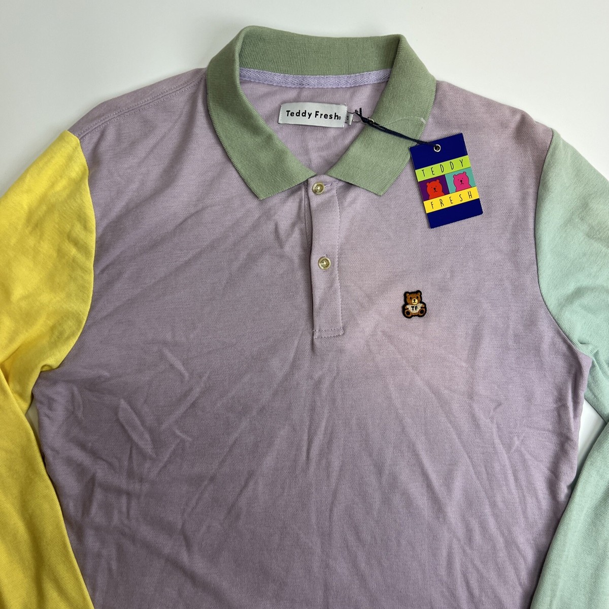 Teddy Fresh Men's Long Sleeve Pastel Polo Shirt Green Purple
