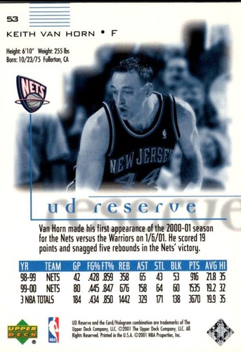 2001-02 Upper Deck Keith Van Horn New Jersey Nets #53 - Picture 2 of 2