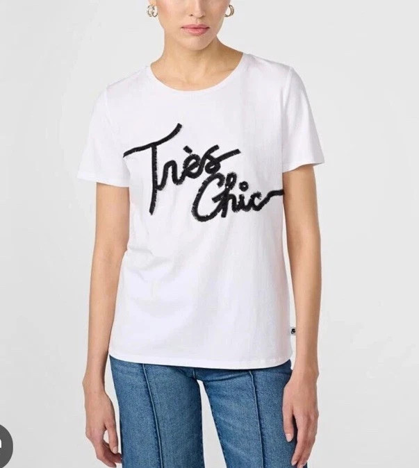 NWT KARL LAGERFELD PARIS Women's Tres Chic Fringe-Logo White T-Shirt Size M
