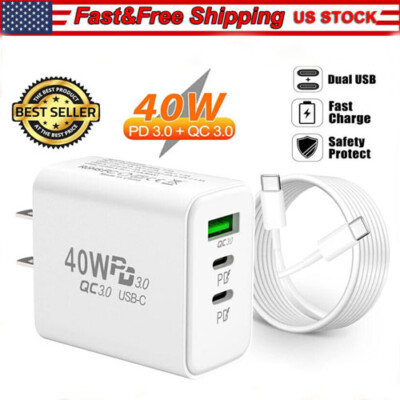 For iPhone 15 Pro Max iPad Fast Charger 40W Double PD USB C Adapter Type C Cable
