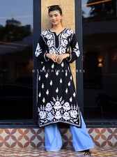 Black Sanaya Modal Chikankari Straight Kurti Lucknow Chikankari Handmade Kurti
