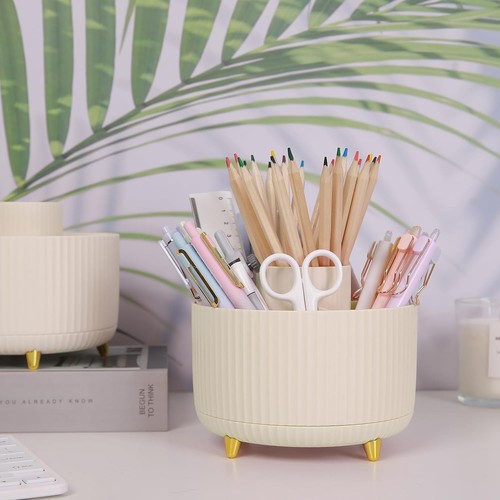 360 Rotating Plastic Desk Pen Organizer with 5 Slots,Art Supply Pencil Cup Beige - Picture 2 of 11