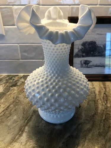Vintage Fenton White Milk Glass Vase Hobnail Ruffled Double Crimped 10.5" Tall
