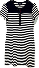 Chaps Navy White Striped Henley Knit Dress Women’s Medium Short Sleeve
