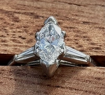 GIA 0.84ct Marquise Diamond Ring G VS2 Platinum Vintage 3-Stone Sz 7.5