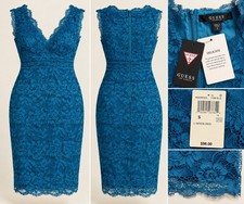 GUESS Women’s Teal Floral Lace Dress Size S V-Neck Bodycon NWT