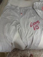 Victoria's Secret Love Gray Tracksuit Set Hoodie Pants Pink Lettering Sequin