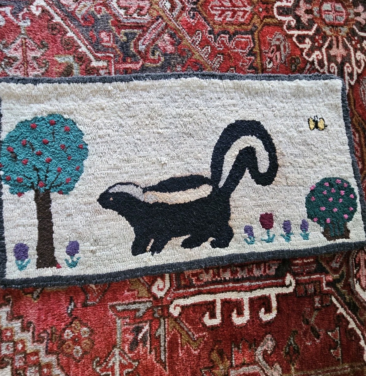 Early Antique Primitive Folk Art Hooked Rug w/ Skunk Flowers Trees Scatter Rug