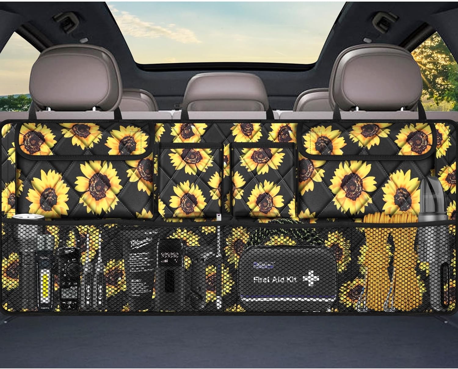 Femuar Car Trunk Organizer,Large Capacity Backseat 42*18 In, Sunflower 