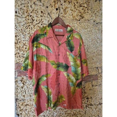 Tommy Bahama 100% Silk Hawaiian Camp Shirt Mens Large Pink Tropical Leaves