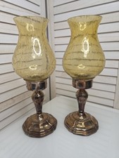 Pair Of Vintage Beard Silver Plated Amber Glass Hurricane Lamp Candle Holders