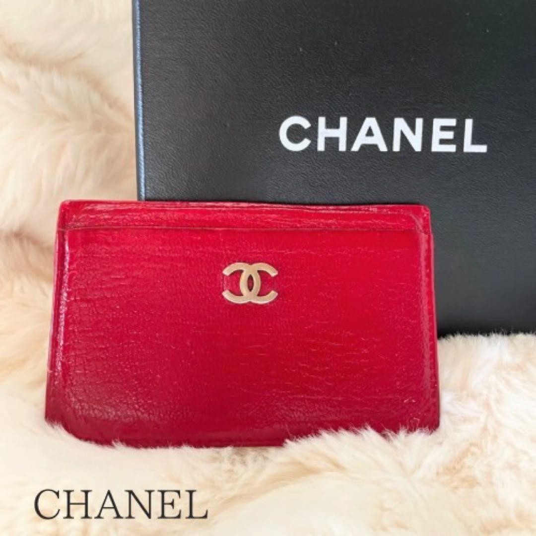 CHANEL Coco Mark Card Case Mini Wallet Red Leather Compact Used